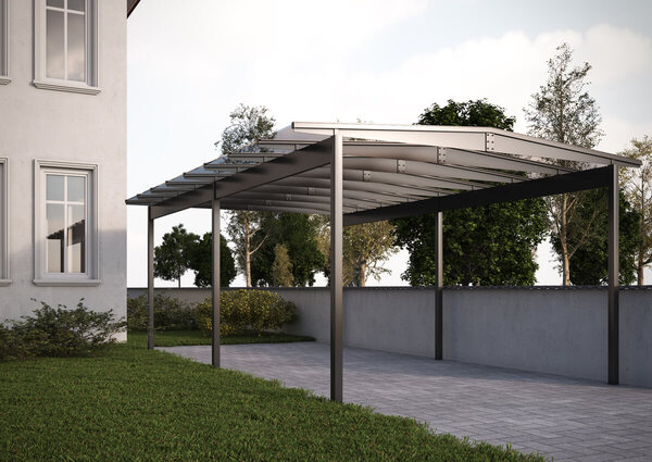 Modernes Carport aus Metall mit Flachdach neben einem Wohnhaus und gepflastertem Boden.